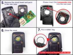 Step 5: Remove the circuit board and place it into the new case; arrows highlight the board and connections on the hardware. (panel shows transponder area.)