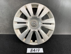 Silver Nissan hubcap with 12 spokes and a central Nissan emblem on a dark surface.