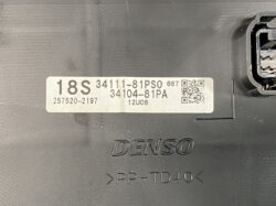 DENSO automotive control module label showing 18S, part numbers 34111-81PS0 and 34104-81PA, a QR code, and date/lot codes on a plastic housing.