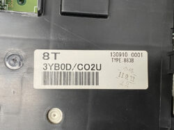 Close-up of a device label: model 3YBOD/C02U, 8T, Type 883B, barcode; stamp shows 119.13 and date.