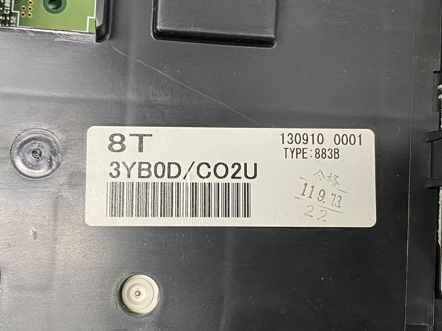 B480_3 NISSAN NV350 CARAVAN E26 Genuine Instrument Cluster 3YB0D TYPE: 883B » NZ1.95 » JDM-PARTS NZ » JDM-PARTS NZ Close-up of a device label: model 3YBOD/C02U, 8T, Type 883B, barcode; stamp shows 119.13 and date. NISSAN NV350 CARAVAN E26 Genuine Instrument Cluster 3YB0D TYPE: 883B » JDM-PARTS NZ