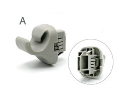 Grey plastic electrical connector parts with a clip; inset shows the internal socket housing.