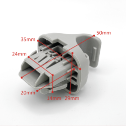 Gray plastic multi-pin connector with several slots; red dimension lines label measurements (24mm, 35mm, 50mm, 20mm, 14mm, 29mm).