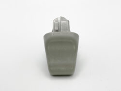Gray handheld tool with a silver metal top component, shown from the front against a white background.
