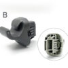 Close-up of a gray plastic electrical connector with a built-in latch, labeled 'B' nearby on the left side. Honda Genuine Sun Visor Clip / Holder #A » JDM-PARTS NZ