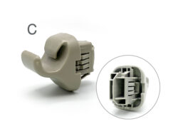 Grey plastic electrical connector housing with interior pin slots, shown from side and front (area labeled C).