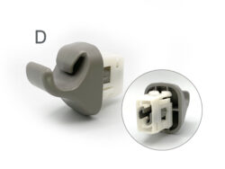Gray plastic clamp/connector with a prominent 'D' label, showing its curved gripping surface and interior locking slots.