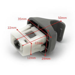 Close-up of a gray plastic electrical connector with a white insert, showing dimension lines labeled 12mm, 22mm, 29mm, 35mm, and 50mm.