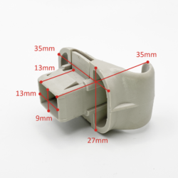 Plastic connector/clip with red measurement lines showing key dimensions (35mm, 27mm, 13mm, 9mm).
