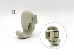 Beige plastic clip with a curved hook, shown from the side; circular inset highlights the inner cavity.