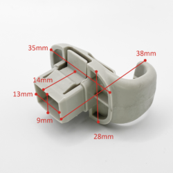 Close-up of a gray plastic connector with red dimension lines labeled 9 mm, 13 mm, 14 mm, 28 mm, 35 mm and 38 mm.