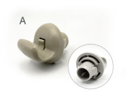Close-up of a gray in-ear hearing aid component with ear mold on a white background.
