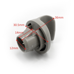 Close-up of a gray plastic connector with red dimension lines showing 12 mm, 14 mm, 30.5 mm, and 36 mm strings along the part.