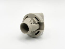 Gray plastic pipe connector with an integrated locking collar and hollow center tube