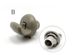 Close-up of a gray plastic earbud shell with silicone tip on a white background.