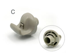 Gray plastic clip and circular connector parts on a white background, shown with a magnified inset view.