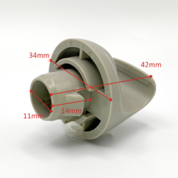 Grey plastic pipe connector with inner bore and flange, annotated with dimension labels (42mm, 34mm, 14mm, 11mm).