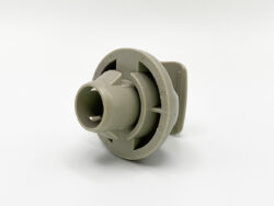 Gray plastic circular connector with a cylindrical protrusion and a square mounting plate, set against a white background
