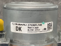 Subaru automotive part label on a metal cylindrical component, showing part number 27536FL140 and Made in Japan.
