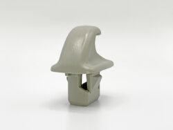 Gray plastic clip with a curved, arched top and an open slot at the base on a white background.