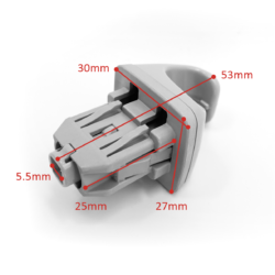 Plastic multi‑pin electrical connector with red callouts showing dimensions: 30 mm, 53 mm, 27 mm, 25 mm, and 5.5 mm