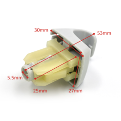 Close-up of a white plastic electrical connector with a yellow insert, overlaid with red dimension labels (53 mm, 30 mm, 27 mm, 25 mm, 5.5 mm).