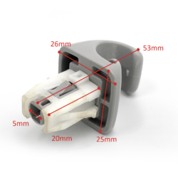 Close-up of a gray plastic electrical connector with red dimension lines labeled 5 mm, 20 mm, 25 mm, 26 mm and 53 mm.