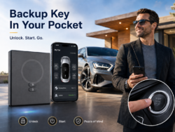 Promotional image showing a car key app and start button for a car, with a man in sunglasses holding a phone outside a luxury vehicle.