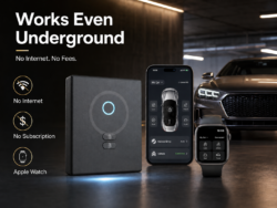 Promotional banner showing a hub device, a smartphone with a car app, an Apple Watch, and a car in a garage, advertising offline car connectivity.