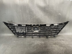 Front grille assembly for a car, black with many horizontal slats and a circular center badge mount.
