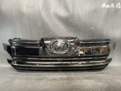 Front view of a black car grille with chrome accents and a centered oval logo (Lexus emblem)