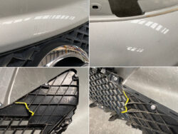 Collage of a silver car showing front-end damage: faint scratches on the hood, a small dent near the bumper, and a cracked black bumper trim piece with yellow tape and exposed screws in the lower grille area.
