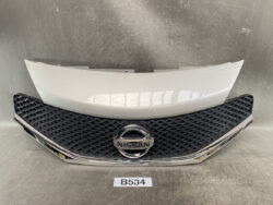 Front grille of a Nissan car with chrome emblem and black honeycomb pattern, hood above on a neutral surface, label B534 nearby.