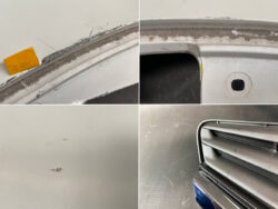 Collage showing car body damage: chipped paint and rust along a bumper edge, a cracked seam, scratches on a rear panel, and a front grille vent close-up.