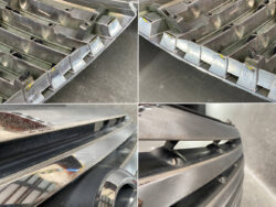 Collage of a car front: metal bumper frame with clips, plus close-ups of the grille and a scratched bumper lip.