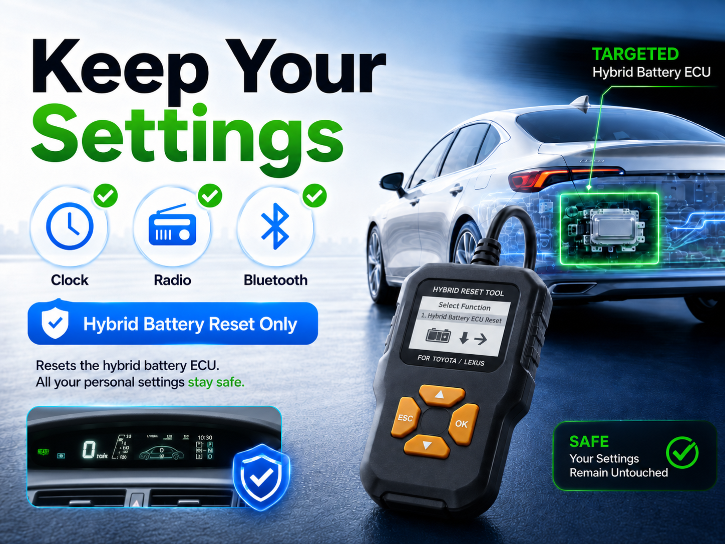 OBD2_4 TOYOTA / LEXUS Hybrid Battery Reset Tool » NZ.95 » JDM-PARTS NZ » JDM-PARTS NZ Advertisement showing a car with a diagnostic handheld device for resetting a hybrid battery ECU; emphasizes keeping user settings intact and safe. TOYOTA / LEXUS Hybrid Battery Reset Tool » JDM-PARTS NZ