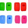 Two rows of bright plastic car key fobs in green, blue, red and pink, each with lock/unlock buttons visible