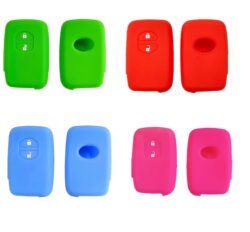 Two rows of bright plastic car key fobs in green, blue, red and pink, each with lock/unlock buttons visible
