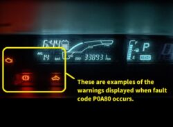 Car dashboard with two red warning lights lit, outlined in yellow, illustrating POA80 fault code warnings.