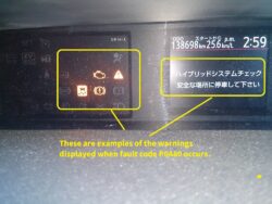 Car dashboard with multiple illuminated warning icons in a central area and a Japanese warning message to the right.