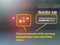 Car dashboard with warning icons on the left (seatbelt, engine, and alert) and a Japanese safety message on the right, plus odometer readouts atop.