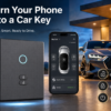 Smartphone displaying car control app beside a keyless entry device, with a car in the background and the caption 'Turn Your Phone Into a Car Key'. Silicone Protective Cover for TOYOTA PRIUS AQUA VITZ WISH FIELDER » JDM-PARTS NZ