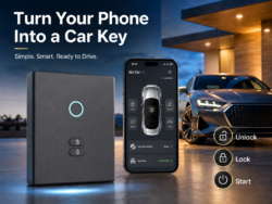 Smartphone displaying car control app beside a keyless entry device, with a car in the background and the caption 'Turn Your Phone Into a Car Key'.