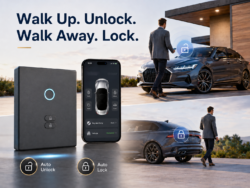 Promotional scene for keyless entry: smartphone app shows lock/unlock controls beside a car with Auto Unlock and Auto Lock icons at the bottom left.
