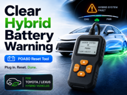 POA80 hybrid system reset tool advertised beside a blue car, with a clear battery warning message in the background.